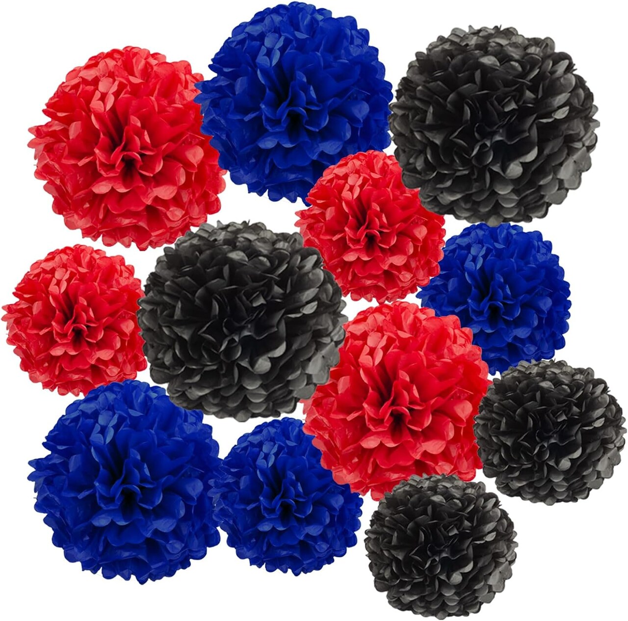 12pcs Red Blue and Black Paper Pom Poms Decorations for Spiderman Birthday Party Decorations - 3 Colors of 12 Inch, 10 Inch